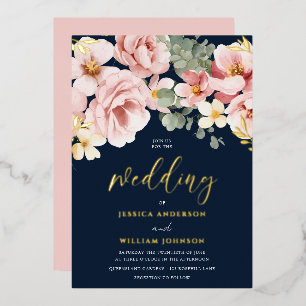 Dusty Rose Watercolor Floral Wedding Navy & Gold