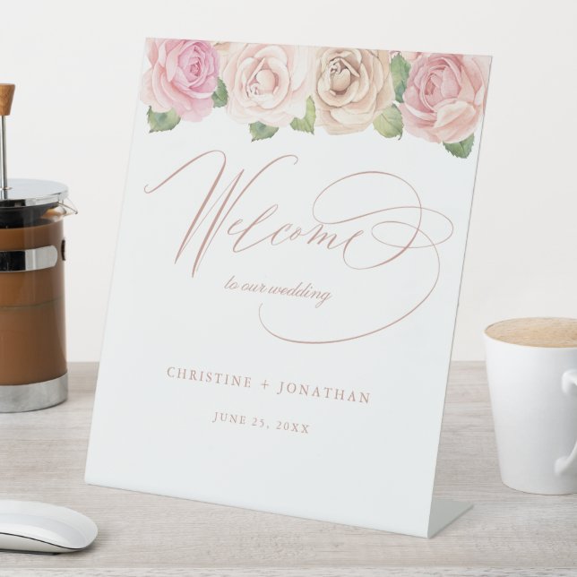 Dusty Rose Watercolor Floral Wedding Welcome Pedestal Sign (In SItu)