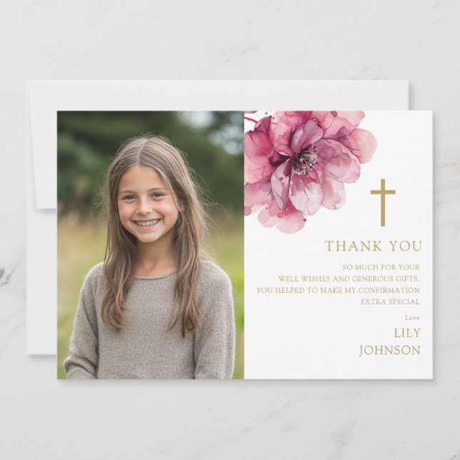 Dusty Rose Watercolor Flower Photo Confirmation Thank You Card (Front)