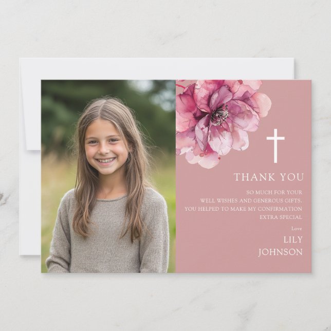 Dusty Rose Watercolor Flower Photo Confirmation Thank You Card (Front)