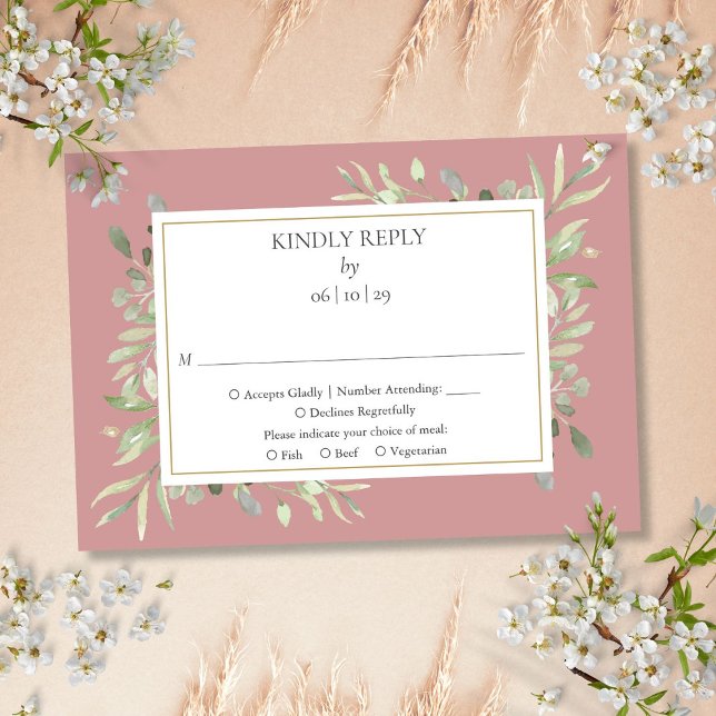 Dusty Rose  Watercolor Greenery Gold Wedding RSVP Card (Dusty Rose Watercolor Greenery Gold Wedding RSVP Card)