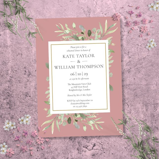 Dusty Rose Watercolor Greenery Rehearsal Dinner Invitation (Dusty Rose Watercolor Greenery Rehearsal Dinner Invitation)