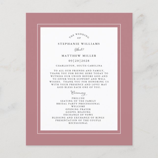 Dusty Rose Wedding Ceremony Elegant Budget Program (Front)