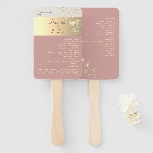 Dusty Rose Wedding Program Hand Fan (Front and Back)