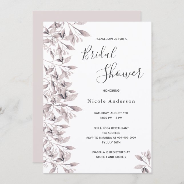 Dusty rose white botanical script Bridal Shower Invitation (Front/Back)