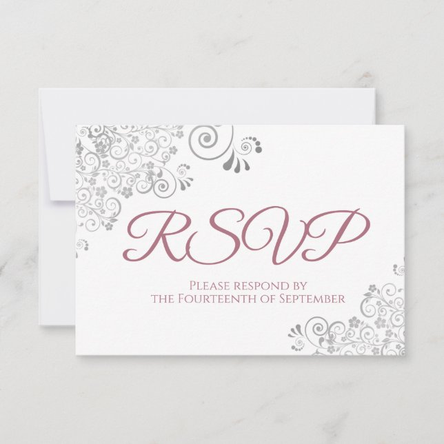 Dusty Rose & White Elegant Silver Lace Wedding RSVP Card (Front)