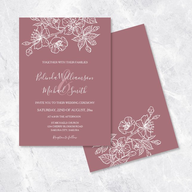 Dusty Rose White Floral Line Art | Wedding Invitation (Creator Uploaded)