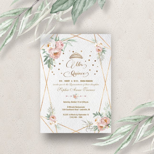 Dusty Rose White Floral Mis Quince Quinceañera  Invitation (Creator Uploaded)