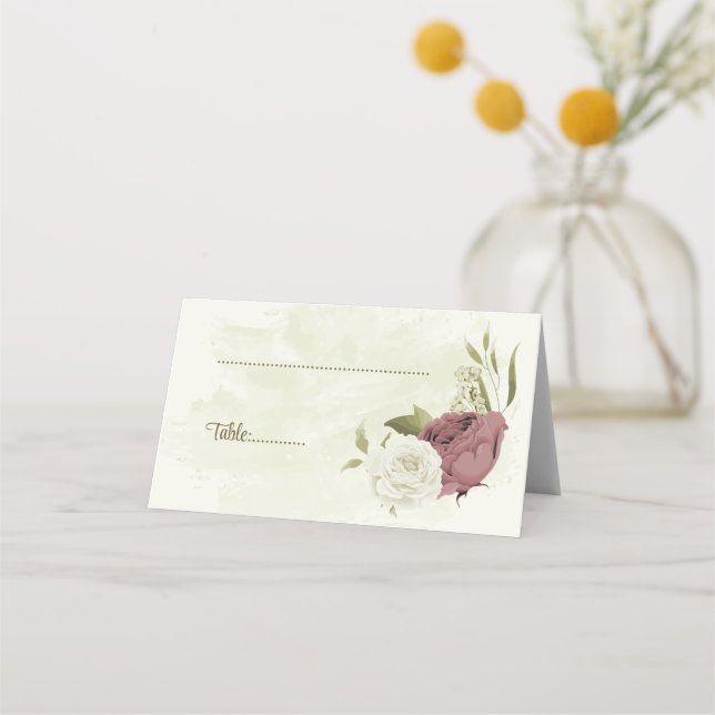 dusty rose white flowers botanical wedding place card (Front)