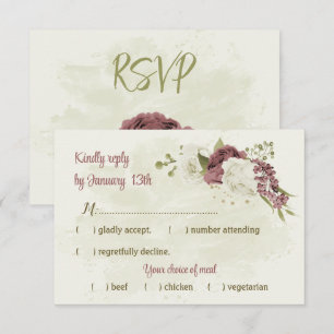 dusty rose white flowers botanical wedding RSVP card