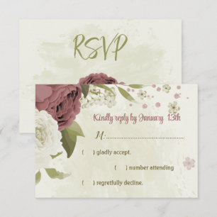 dusty rose white flowers botanical wedding RSVP card