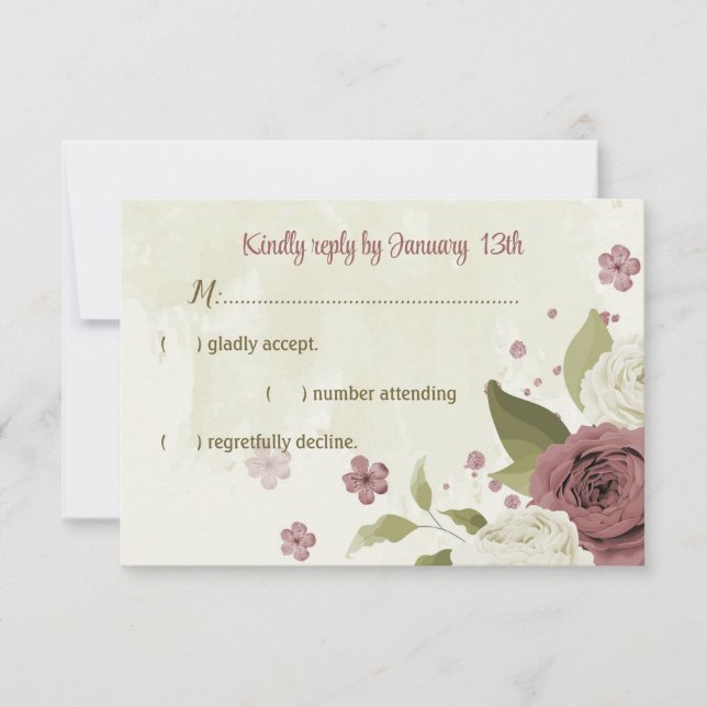 dusty rose white flowers botanical wedding RSVP card (Front)