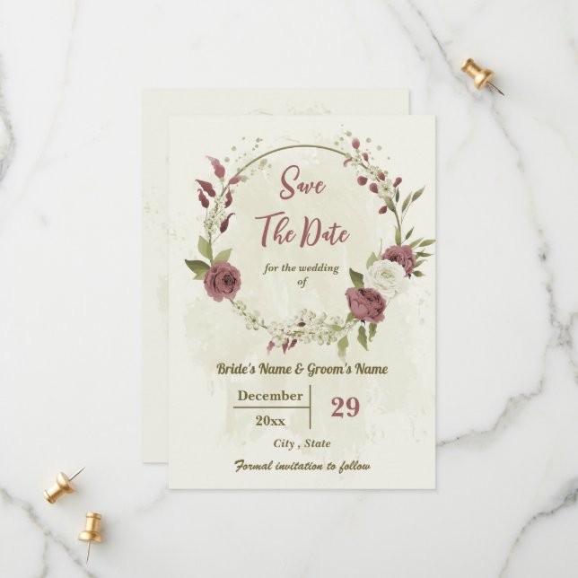 Dusty rose & white flowers botanical wedding save the date (Front/Back In Situ)