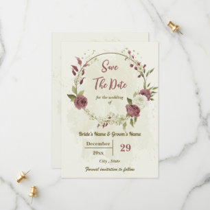 Dusty rose & white flowers botanical wedding save the date