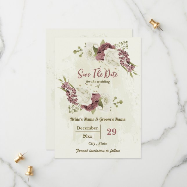Dusty rose & white flowers botanical wedding save the date (Front/Back In Situ)