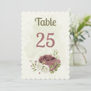 dusty rose white flowers table number card