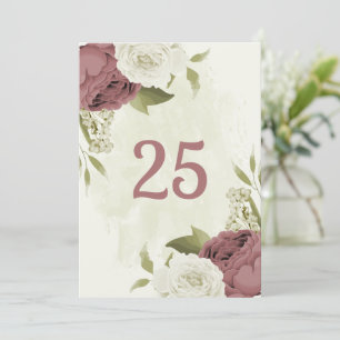 dusty rose white flowers table number card