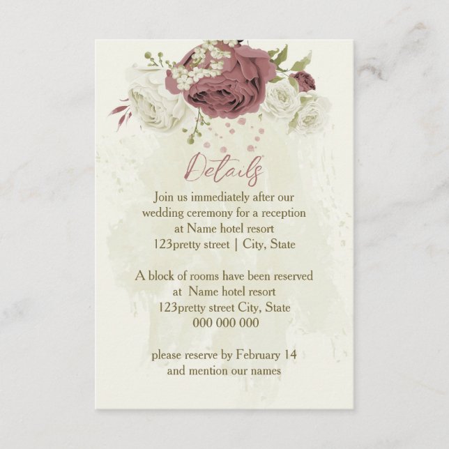 dusty rose white flowers wedding details enclosure card (Front)