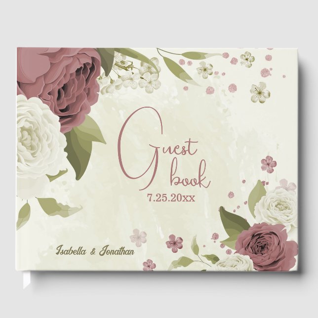 dusty rose white flowers wedding guest book (Front)