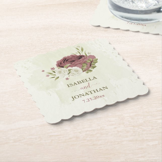dusty rose white flowers wedding paper coaster (Angled)