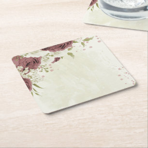 dusty rose white flowers wedding square paper coaster
