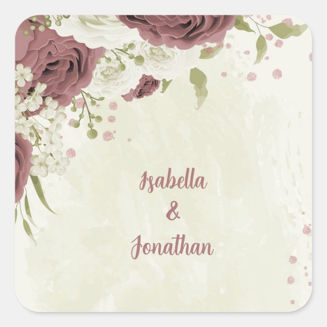 dusty rose white flowers wedding square sticker (Front)
