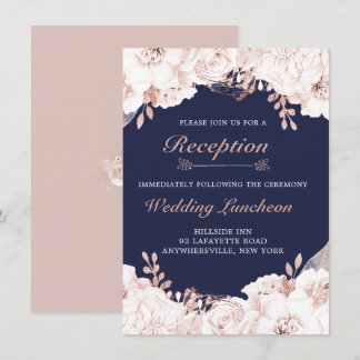Dusty Rose White Lush Floral Navy Blue Reception Invitation
