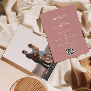 Dusty Rose & White Script Photo QR Code Wedding Invitation