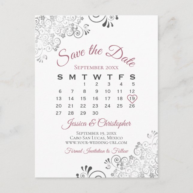 Dusty Rose & White Wedding Save the Date Calendar Announcement Postcard (Front)