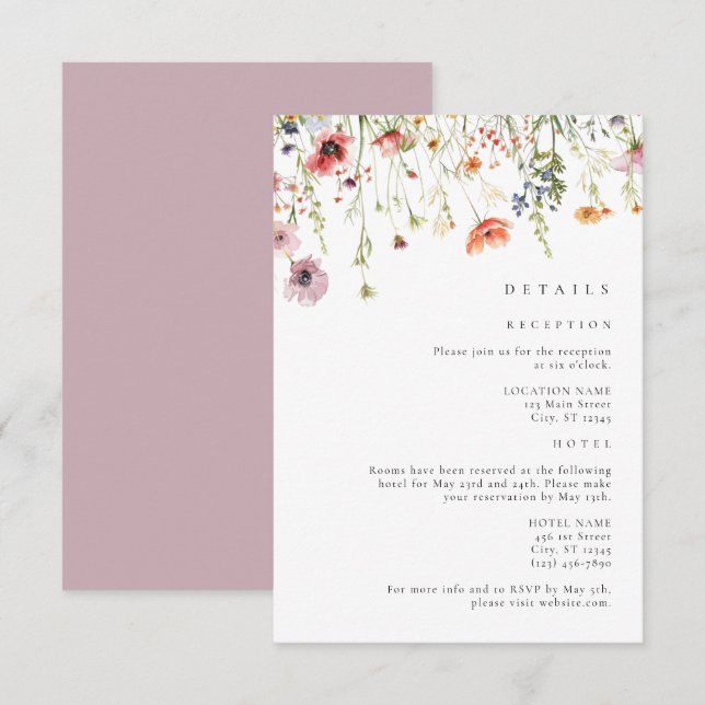 Dusty Rose Wildflower Wedding Details Enclosure Card (Front/Back)