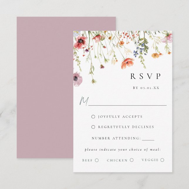 Dusty Rose Wildflower Wedding Meal Choice RSVP (Front/Back)