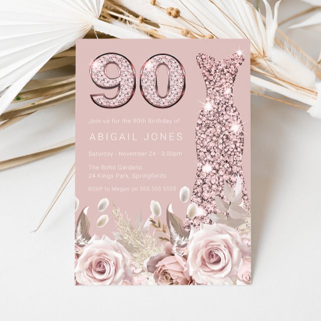 Dusty Roses Blush Gown Elegant 90th Birthday Invitation (Creator Uploaded)