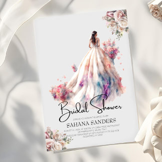 Dusty Roses Floral Wedding Dress Bridal Shower Invitation