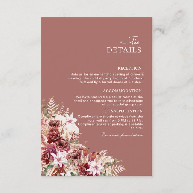 Dusty Rosewood & Blush Floral Wedding Details Card (Front)