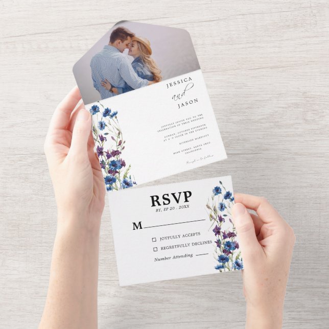 Dusty Royal Blue Purple Bllom Wedding All In One Invitation (Tearaway)