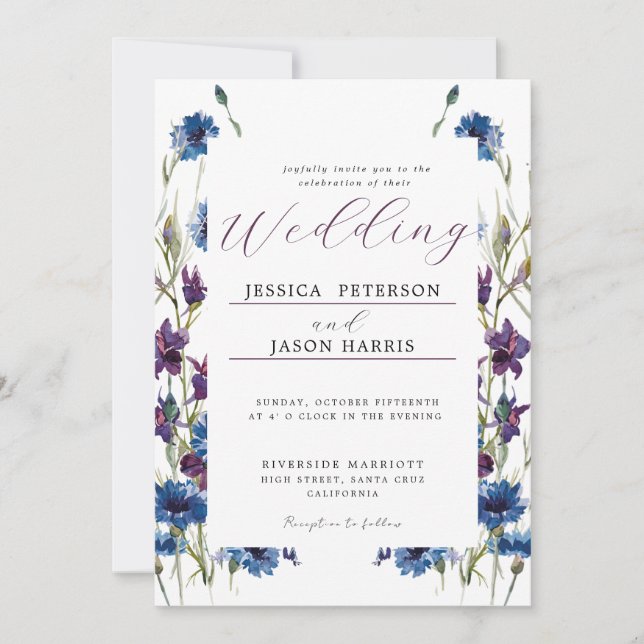 Dusty Royal Blue Purple Bloom Floral Wedding Invit Invitation (Front)