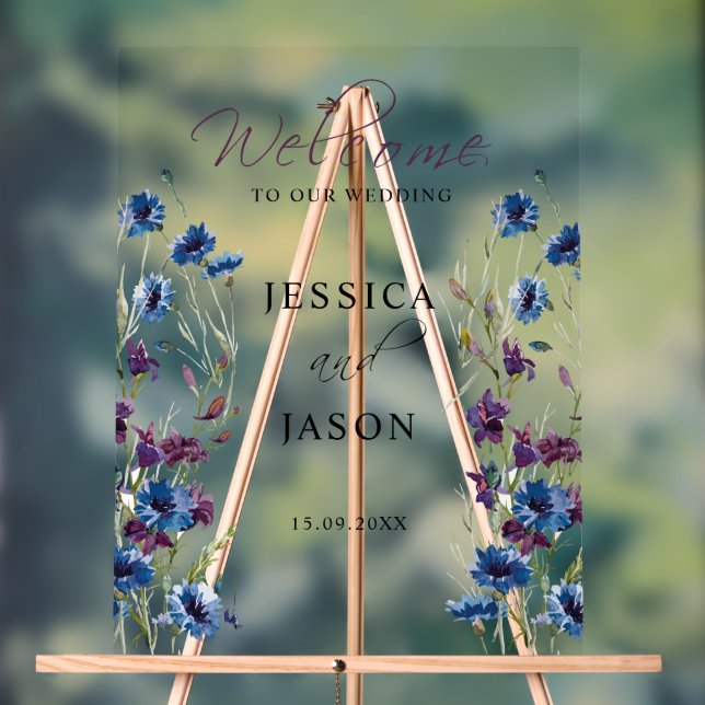 Dusty Royal Blue Purple Bloom Wedding Welcome Acrylic Sign (Neutral)