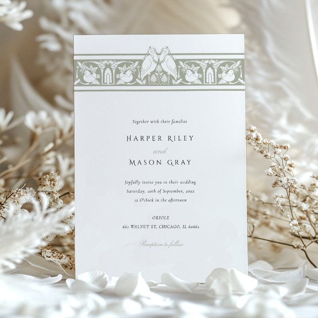 Dusty Sage and Dove White Love Birds Wedding  Invitation (Creator Uploaded)