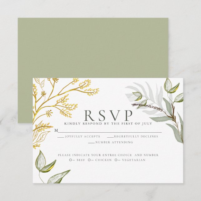 Dusty Sage and Gold Foliage  RSVP Card (Front/Back)
