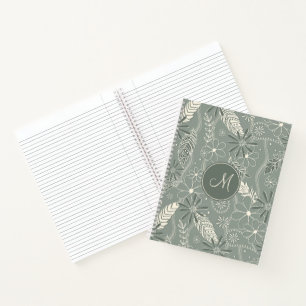 dusty sage boho feathers flowers paislies monogram notebook