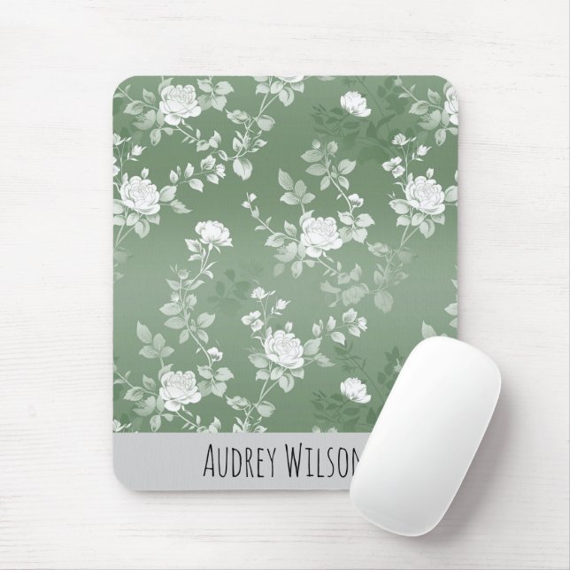 Dusty Sage Floral Green Flower Greenery Pattern Mouse Pad (With Mouse)