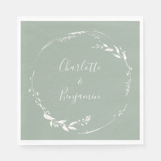 Dusty Sage Floral Wreath Calligraphy Monogrammed Napkin (Front)