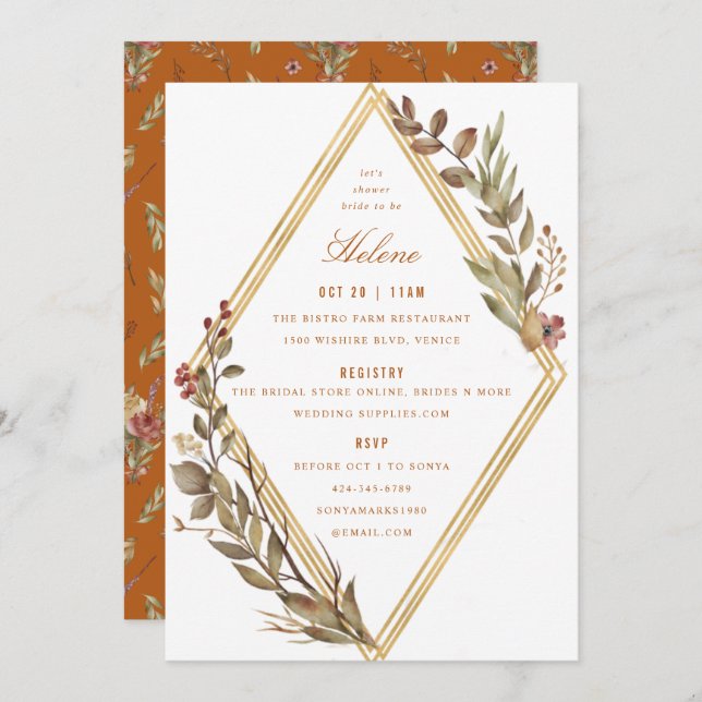 Dusty Sage Gold Diamond Rust Fall Bridal Shower Invitation (Front/Back)