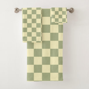 Dusty Sage Green and Butter Yellow Checkerboard Bath Towel Set