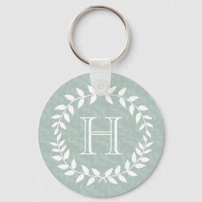 Dusty Sage Green Botanical Wreath Elegant Monogram Key Ring (Front)