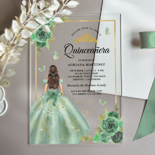 Dusty Sage Green Floral Butterfly Quinceanera Acrylic Invitations