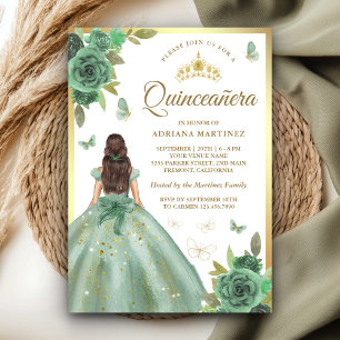 Dusty Sage Green Floral Butterfly Quinceanera Invitation