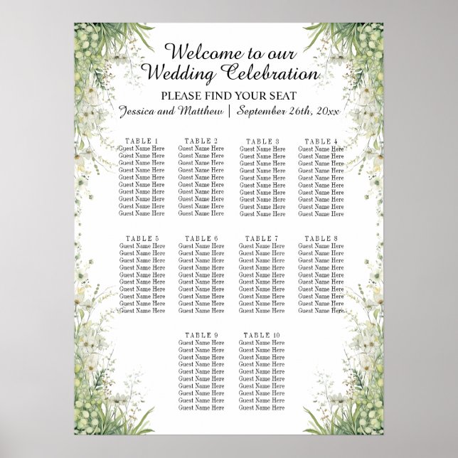 Dusty Sage Green Flowers 10 Tables Wedding Seating Poster (Front)