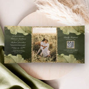 Dusty Sage Green Gold Abstract Ink QR Code Wedding Tri-Fold Invitation