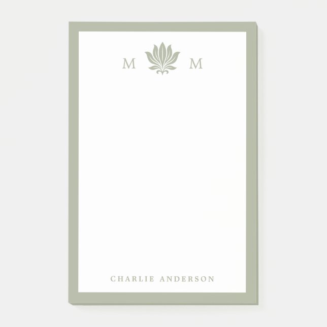 Dusty Sage Green Lotus Monogram Post-it Notes (Front)